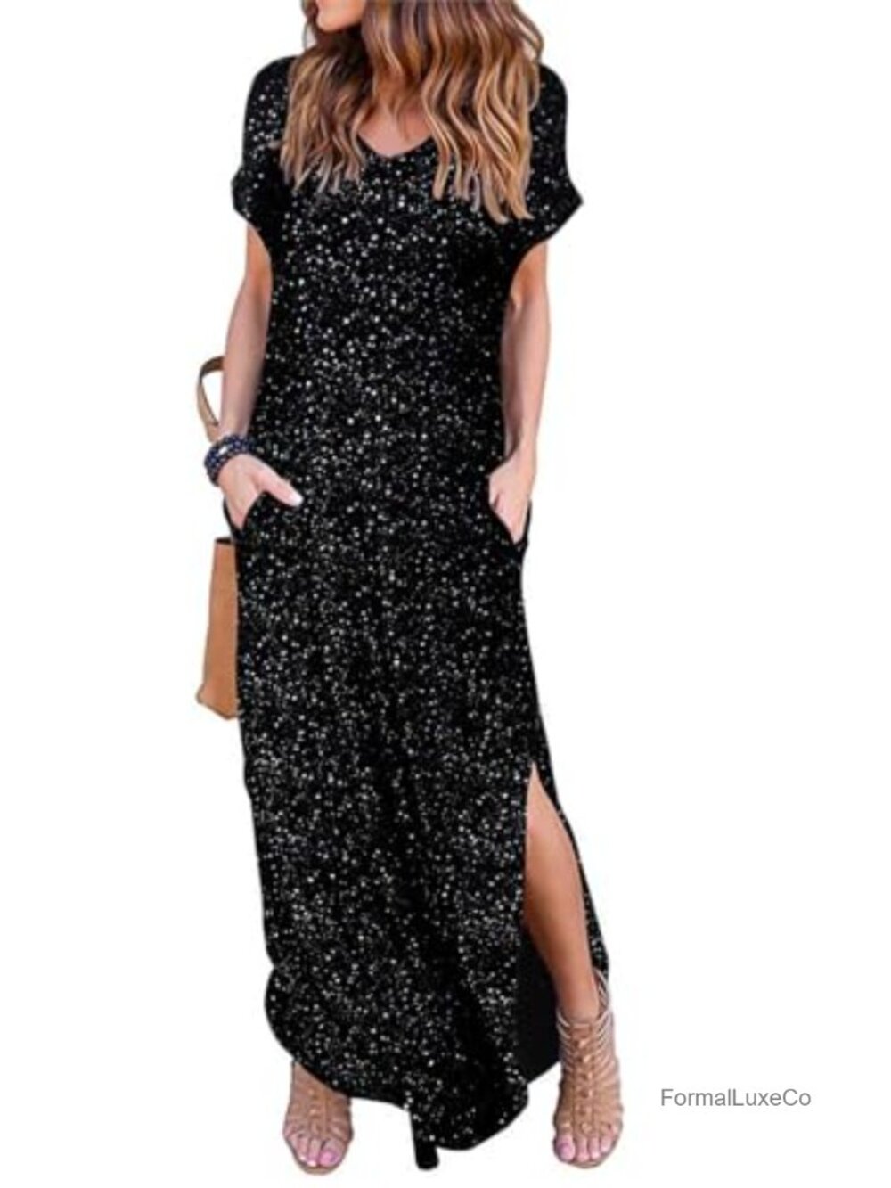 Women's Maxi Dress V Neck Short Sleeve Loose Fit with Pockets Casual Summer